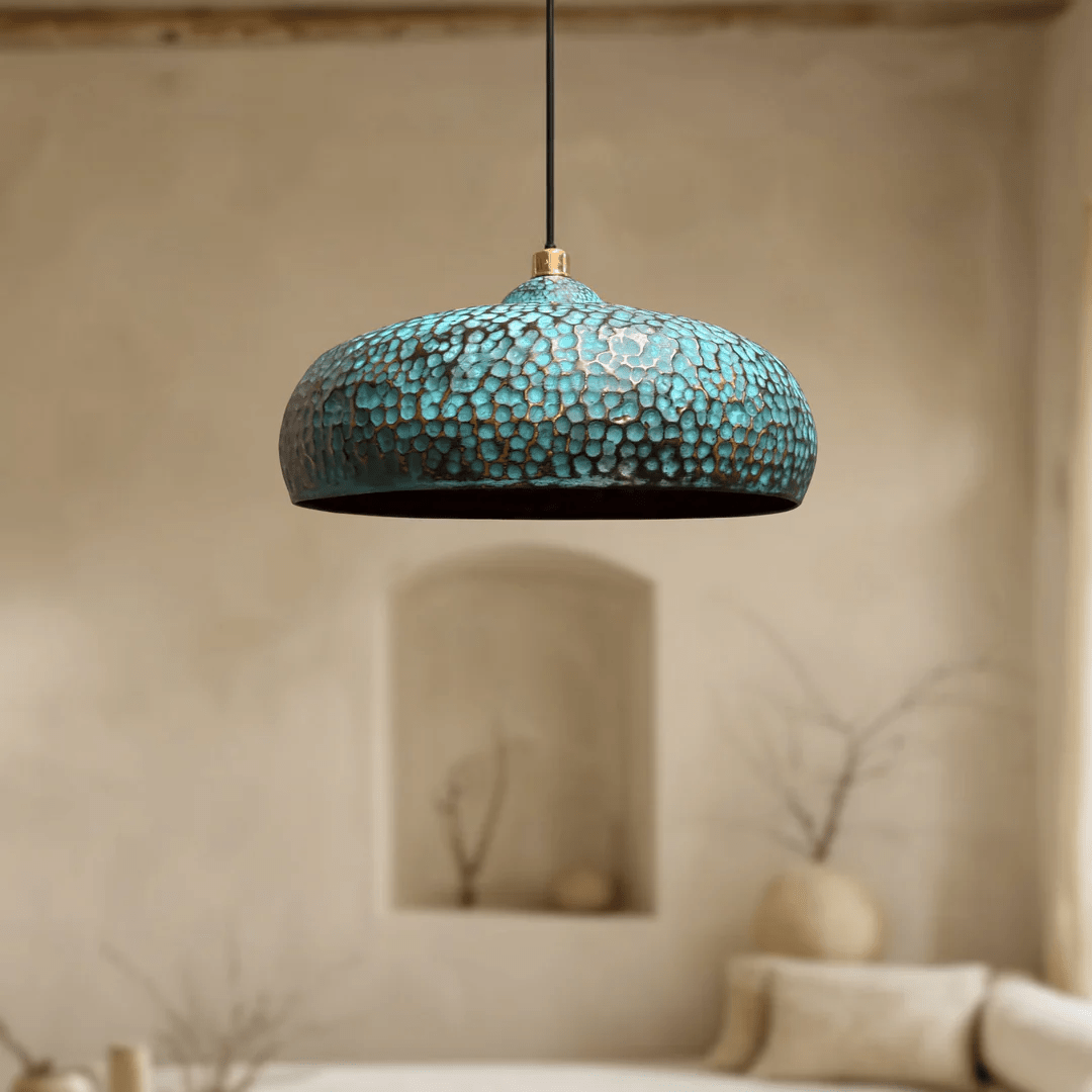 Blue Patina Brass Pendant Light | Handmade Oxidized Dome Fixture - berber rug weavers