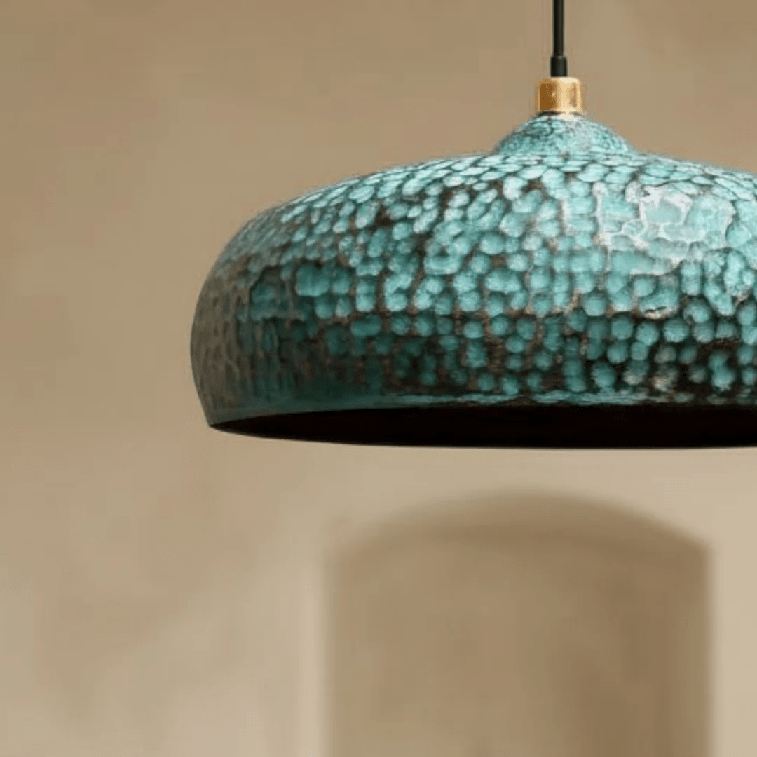Blue Patina Brass Pendant Light | Handmade Oxidized Dome Fixture - berber rug weavers