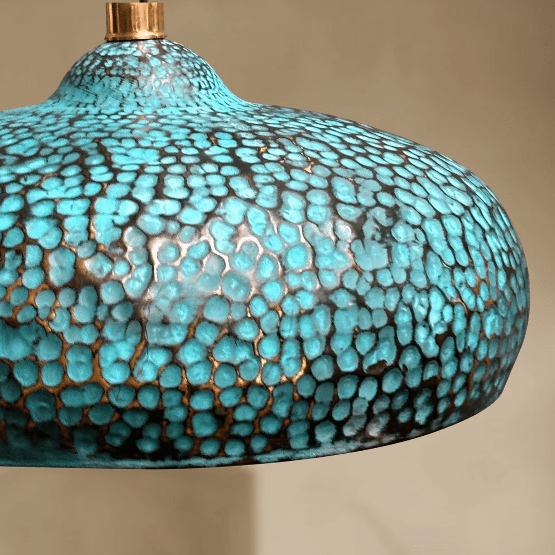 Blue Patina Brass Pendant Light | Handmade Oxidized Dome Fixture - berber rug weavers