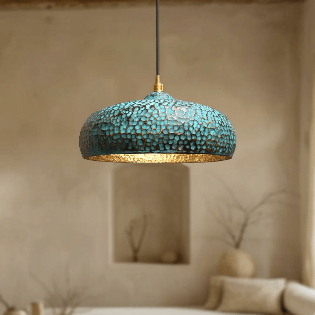 Blue Patina Brass Pendant Light | Handmade Oxidized Dome Fixture - berber rug weavers