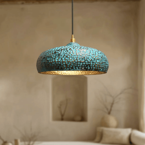 Blue Patina Brass Pendant Light | Handmade Oxidized Dome Fixture - berber rug weavers