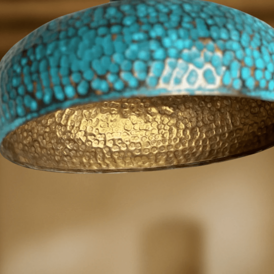 Blue Patina Brass Pendant Light | Handmade Oxidized Dome Fixture - berber rug weavers