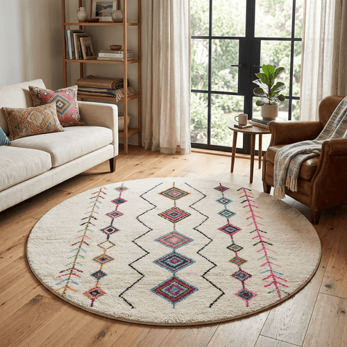 Colorful Round Moroccan Rug | Handmade Berber Wool Boujaad Diamond Rug - berber rug weavers