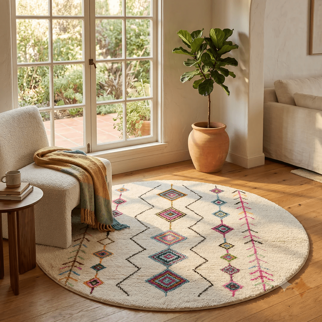 Colorful Round Moroccan Rug | Handmade Berber Wool Boujaad Diamond Rug - berber rug weavers