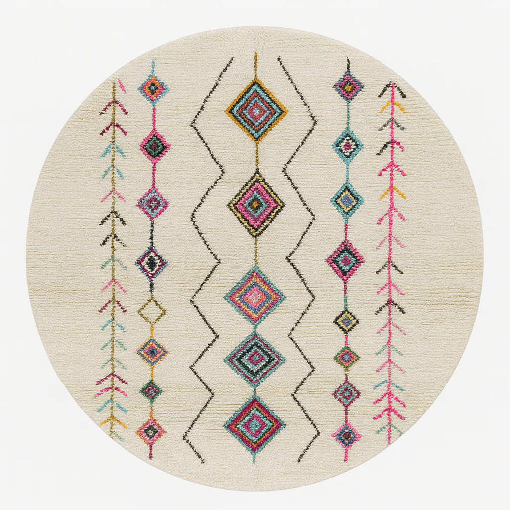 Colorful Round Moroccan Rug | Handmade Berber Wool Boujaad Diamond Rug - berber rug weavers