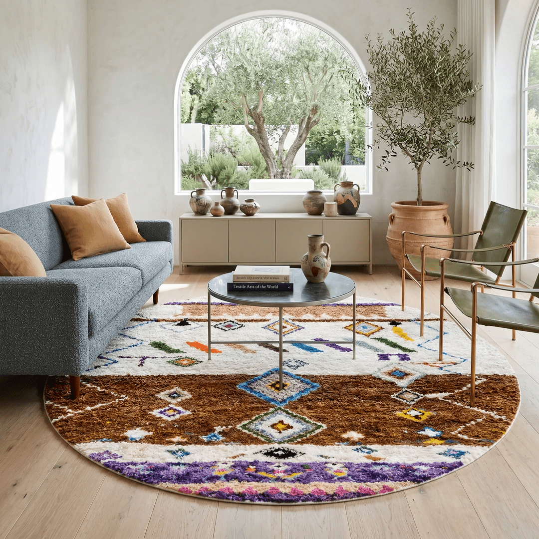 Ivory & Brown Round Moroccan Rug | Handmade Berber Diamond Design - berber rug weavers
