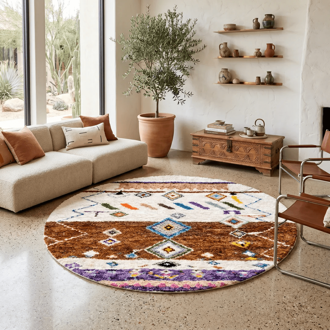 Ivory & Brown Round Moroccan Rug | Handmade Berber Diamond Design - berber rug weavers