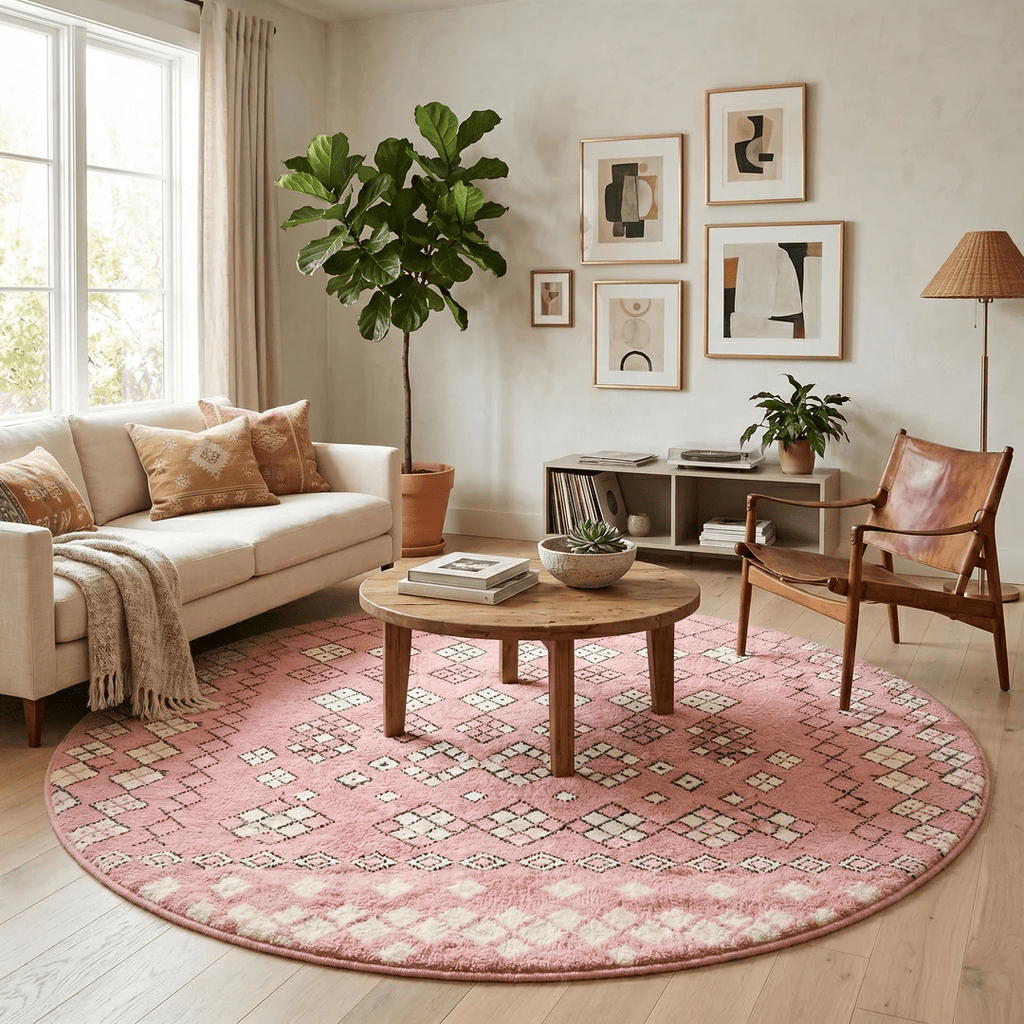 Pink Round Moroccan Rug | Handmade Berber Wool Diamond Pattern Rug - berber rug weavers