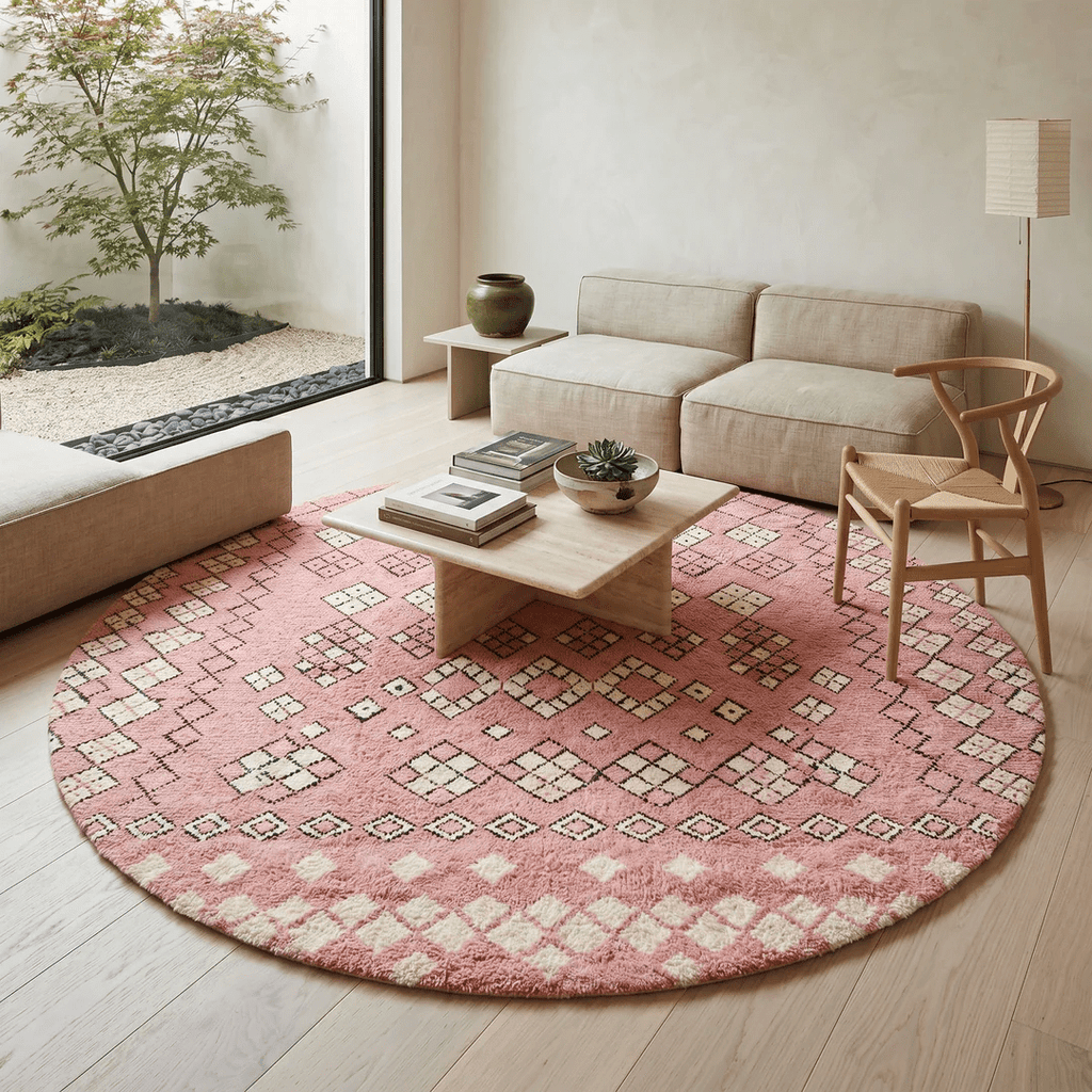 Pink Round Moroccan Rug | Handmade Berber Wool Diamond Pattern Rug - berber rug weavers
