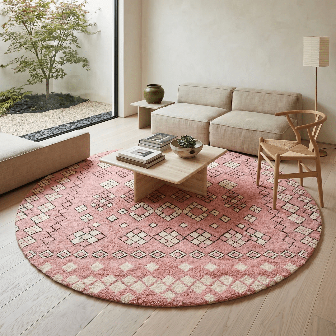 Pink Round Moroccan Rug | Handmade Berber Wool Diamond Pattern Rug - berber rug weavers